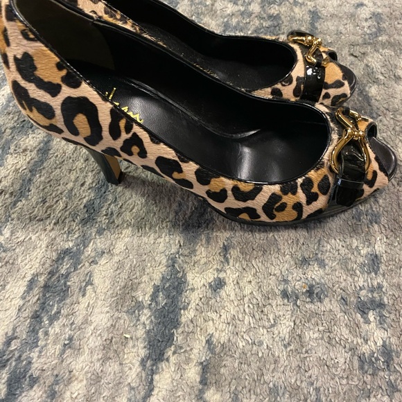 Cole Haan Black Peep Toe Heels with Leopard Bow - Picture 3 of 9